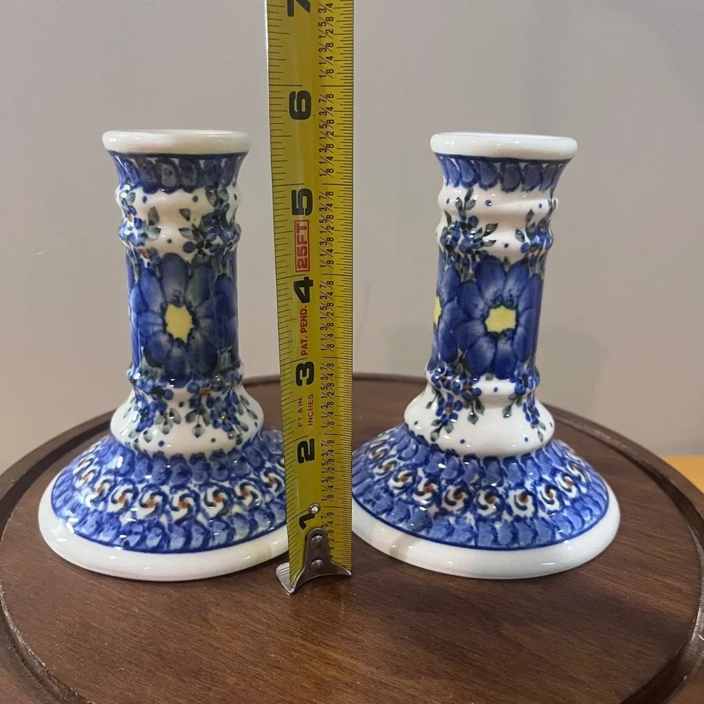 Vtg Polish Pottery Boleslawiec Unikat Blue Floral Candle Holders M Czonka Pair